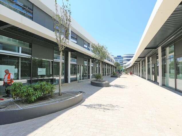 Einkaufsstraße mit Bepflanzungen und Sitzgelegenheiten