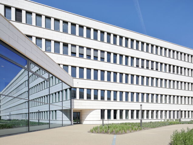 Ansicht der Fensterfront und der Gebäudefassade